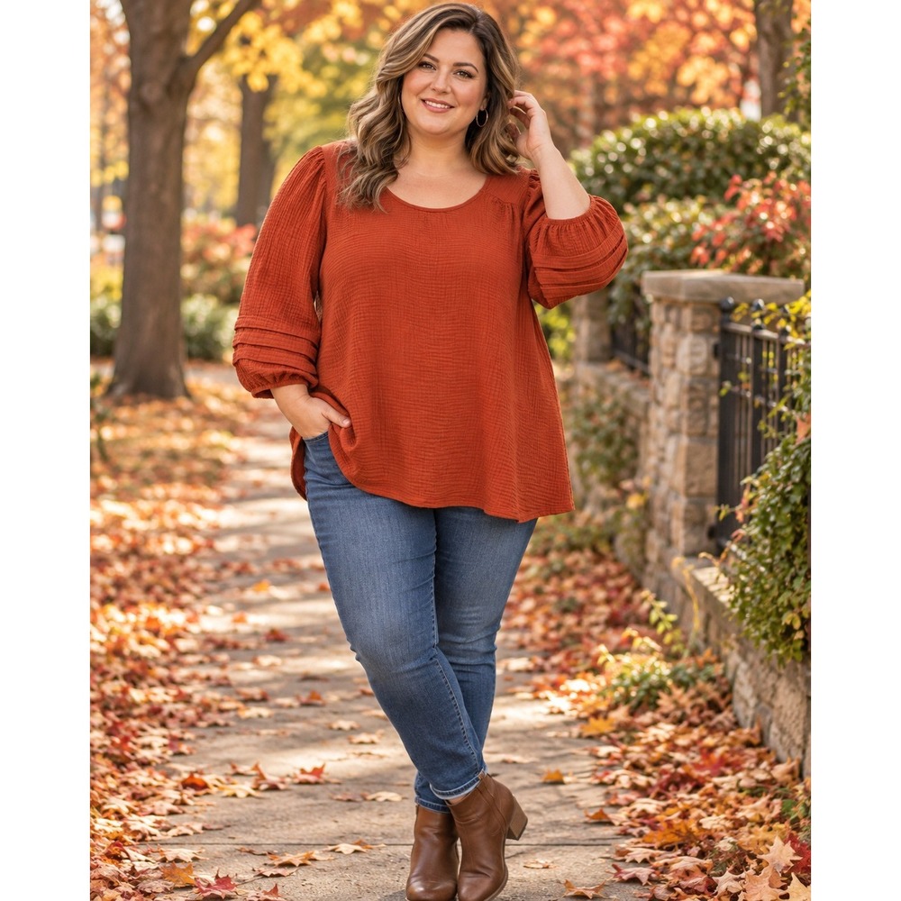 Fever 2X Orange Cotton Woven Pullover Blouse Pleated Puff 3/4 Sleeve Round